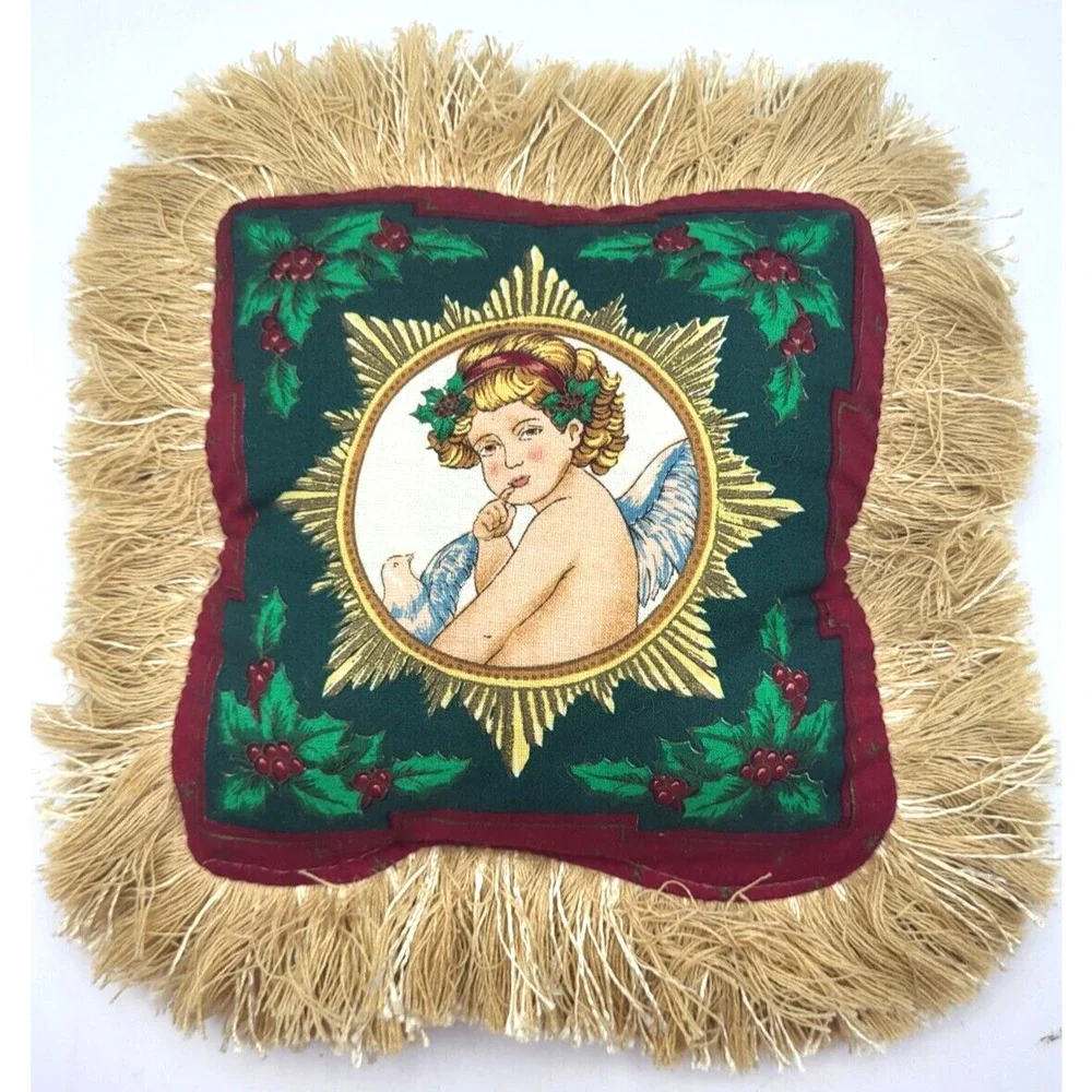 Vintage Christmas Angel Decorative Pillow Thick Gold Fringe 9
